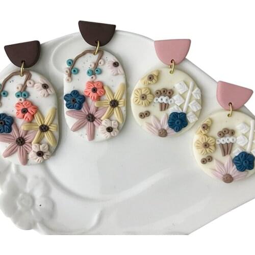 Handmade Polymer Clay Dangle Earrings for Women Geometric Flower Design Morandi Color Textured Modern Jewelry Girl Accessories