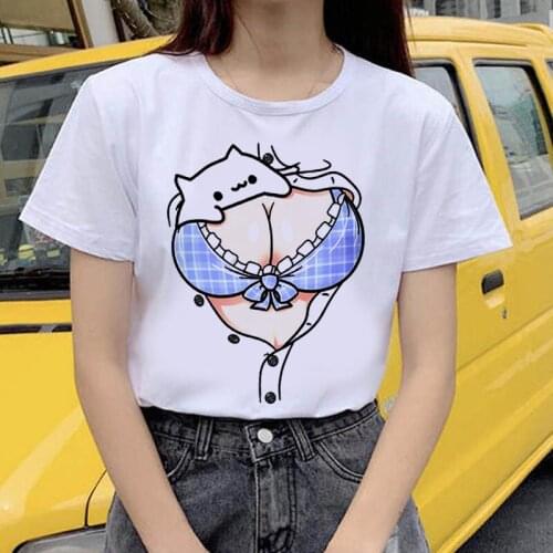 Funny cat ladies Fashion Top Tees Female T-shirts Woman Soft Tops Harajuku Kawaii chest print Cartoon T-Shirts