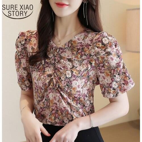 2021 Korean Pullover Tops Blusas Summer Chiffon Puff Short Sleeve Women Shirts Office Floral V Neck Pleated Women Blouse 10173