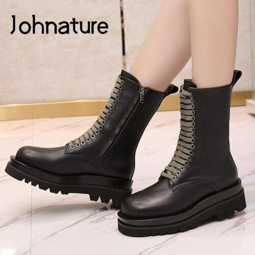 Johnature Winter Women Boots Genuine Leather 2021 New Women Shoes Round Toe Zip Wedges Handmade Concise Leisure Platform Boots