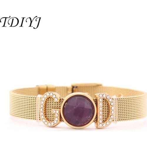 TDIYJ KEEPER Slide Charms Collocation Gold Stainless Steel Mesh Bracelet with Crystal God Natural Stone for Women Jewelry 1Set