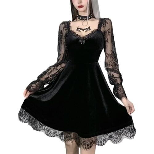 Female Dress, Solid Color Lace Stitching V-Neck Long Flare Sleeve For Ladies, Black, S/M/L 2021 New Fashion