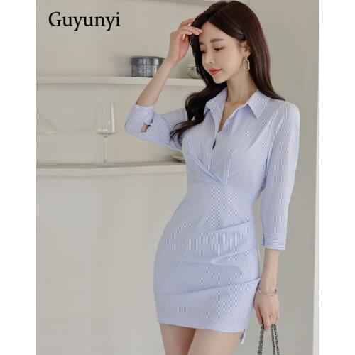Elegant Blue Striped Dress 2021 Summer Korean Version High Waist Small Folds Three-Quarter Sleeve Turn-Down Collar Shirt Dress