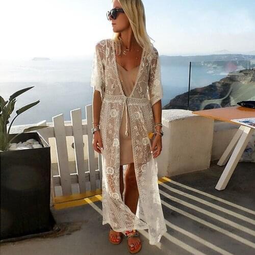 Happie Queens women solid long sleeve beach hollow out Bohemian maxi dress Ladies v-neck lace Boho kimono vestidos