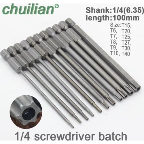 1Pc 100mm long T6-T40 Magnetic Torx Screwdriver Bits Set Electric Screwdriver head T6,T7,T8,T9, T10,T15,T20,T25,T27, T30,T40