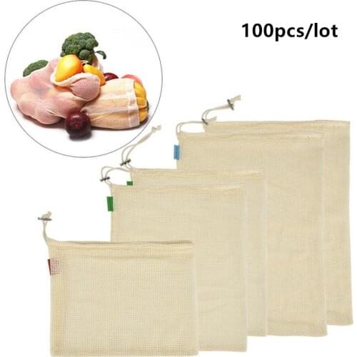 100pcs/lot Cotton Reusable Fruit Vegetable Shopping Mesh Bags Eco-friendly Storage Container Drawstring Machine Washable