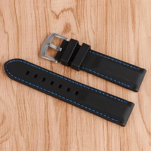 20/22/24/26mm Watch Strap Band Bracelet Stainless Steel Pin Buckle Black Silicone Outdoor Waterproof Blue Line Stitching Rubber