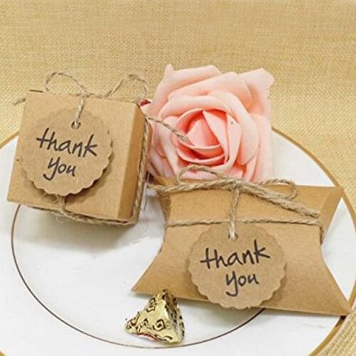 50pcs Pillow Candy Box Kraft Paper Square Candy Box With Thank You Tag For Baby Shower Birthday Wedding Christmas Party Decor