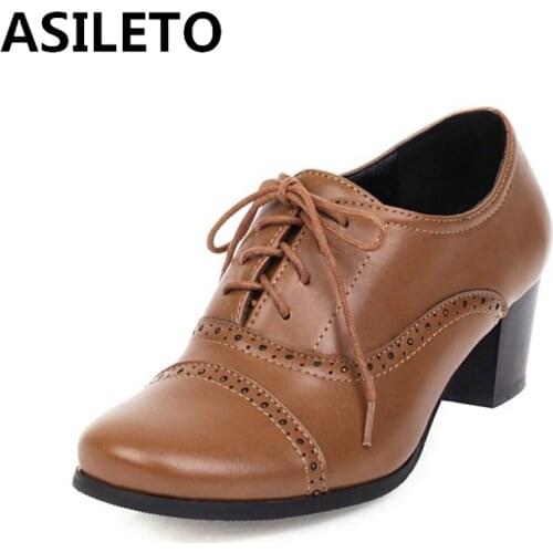 ASILETO 2021 Retro Ladies Oxfords Pumps Polka Dot Lace Up Vintnge Round Toe 5CM Chunky Heel Shoes US12 Black Red Brown A4390