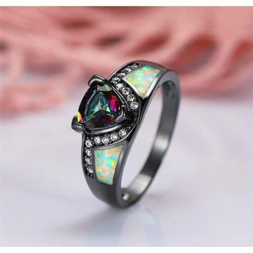 White Fire Opal Engagement Promise Ring Cute Female Rainbow Triangle Stone Ring Vintage Charm Black Gold Wedding Rings For Women