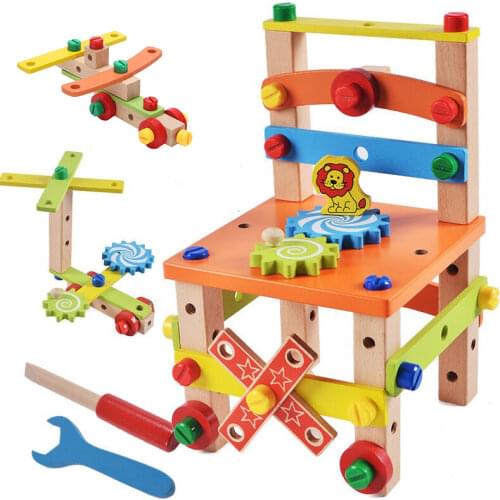 Wooden Assembling Chair Montessori Toys Baby Educational Wooden Toy Preschool Multifunctional Variety Nut Combination Chair Tool