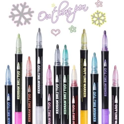Double Line Metallic Markers Outline Metal Marker Pens,12 Colors Paint Permanent Pen for Writing and Drawing Lines on Paper