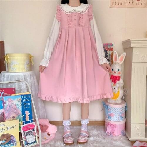 Preppy Style Sweetheart Japanese Autumn Sweety Soft Girly Dress Kawaii Ruffles Cute Vintage Sleeveless A-Line Camisole Dresses