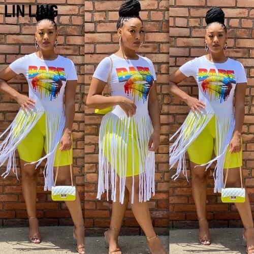 LINLING Sports Letter Element Fashion Big Lip Print Tassel T-shirt Short Sleeve Summer Active Wear Fitness Top Slim