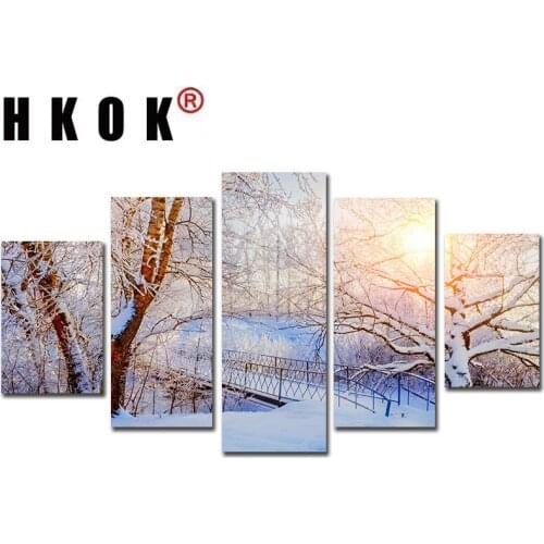 HKOK 5 Panels Canvas Painting Forest Sunrise Modular HD Printed Snow Landscape Posters Home Decor Print Wall Picture Living Room