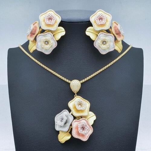 Newness Luxury Large Bloom Flower Luxury Super AAA Cubic Zirconia Indian Women Engagement Big Earring Necklace Jewelry Set