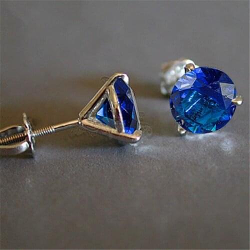 Cute Female 6/7/8mm Three-Prong Martini Stud Earrings Silver Color Wedding Earrings For Women Crystal Blue Zircon Stone Earrings