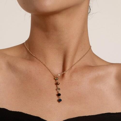 Fashion Colored Geometric Round Crystal Necklace Pendant for Women Personality Simple Tassel Clavicle Choker Necklace Jewelry
