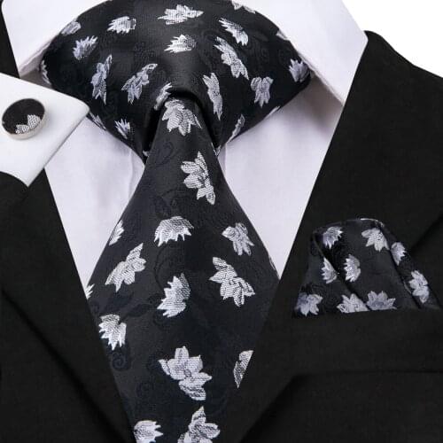 Hi-Tie Designer Brand Print Black Necktie For Men Luxury Fashion Silk Jacquard Woven Ties Set Gravata Suit Wedding Party C-300