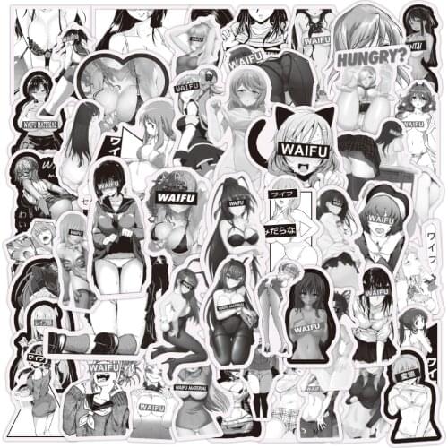 50PCS Black White Sexy Girls Stickers Anime Beauty Hentai Waifu Sticker For DIY Skateboard Phone Bike Motorcycle Helmet Laptop
