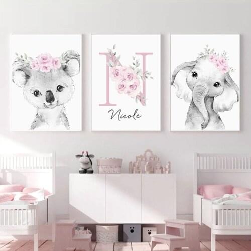 Custom Baby Name Wall Art Poster Print Pink Flower Animals Canvas Painting Personalized Pictures decoration Girl Kids Room Gift