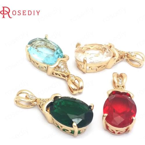 4PCS 12x24MM 24K Champagne Gold Color Brass and Zircon and Glass Oval Shape Necklaces Charms Pendants Jewelry Making Supplies