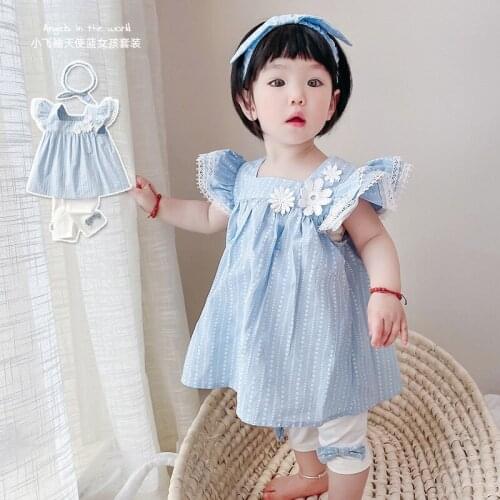 Baby Girls Clothes Sets 3PCS Cotton Kids Short Sleeve Chldren T Shirt and Skirt Outfits for Girls Blue Dress + Shorts+Headband