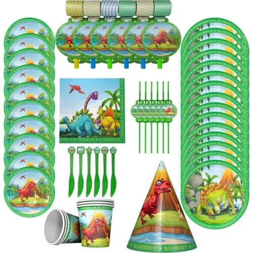 Cute Green Dinosaur Theme Disposable Party Tableware Paper Plate Cup Napkins Kids Boys Happy Birthday Party Decoration Supplies