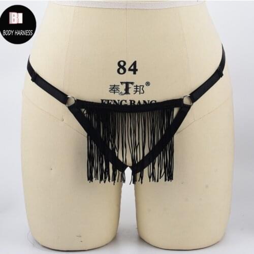 Gothic Women Black Bottom Harness Panties Female Tassel Thongs G-string Low Waist Underwear Harajuku Sexy Lingerie Body Harness