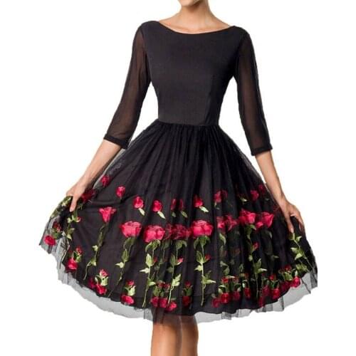 Women Evening Party Robe Fashion Rose Flower Embroidered Mesh 3/4 Sleeve O Neck Black Dress New Year Dinner Midi Dress Vestido