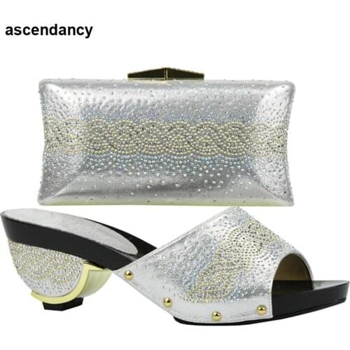 Sliver Color Women Italian African Party Pumps Shoes and Bag Italian Ladies Shoes and Bags To Match Set Party Shoes and Bag Sets