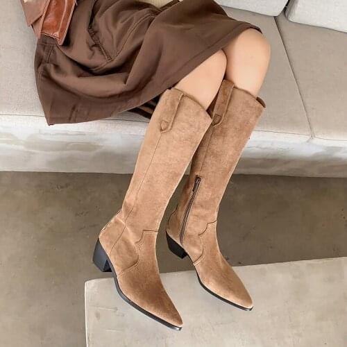 QZYERAI Genuine Leather Knee High Boots Women Chunky Heel Cowboy High Boots Point Toe Long Boots Women Cow Suede Winter Shoes