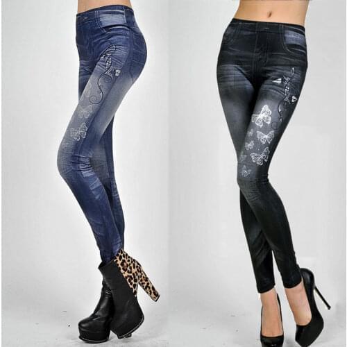 Ladies Sexy Tight-Fitting Butterfly Imitation Denim Leggings Leggings Jeans Jeggngs Stretch Pants Commuter Fashion Trendy Denim