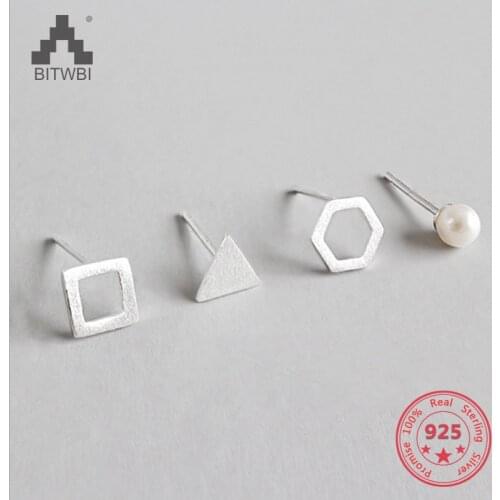 Small Hollow Square Triangle Hexagon Pearl 925 Sterling Silver for Women Earrings 4 pcs/set