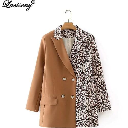 LUEISENY New Women 2020 Fashion Leopard Patchwork Blazer Coat Vintage Double Breasted Long Sleeve Female Outerwear Chic Tops