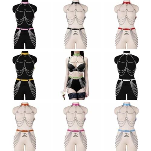 Harajuku Harness Womens Belt Metal Chain Punk Dance Rave Garters Sexy Lingerie Set PU Leather Cage Bra Adjust Waist Suspender