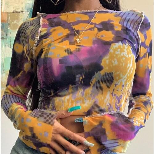 Summer Fashion Womens Clothing Multicolor Splicing Round Neck Long-Sleeve Casual Slim Crop Top Ladies Daily Streetwear