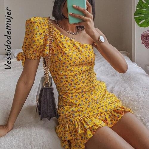 Vestido De Mujer Floral Print Ruffles Mini Bodycon Dress Summer Women 2021 Sexy One Shoulder Diagonal Collar Party Club Dresses