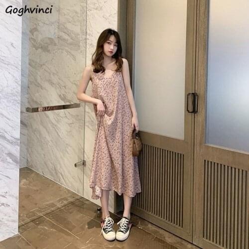 Women Long Sleeveless Dress Floral Print Chiffon Casual Loose V-neck All-match Sexy Elegant Korean Style Fashion Vintage Ulzzang