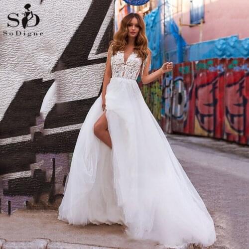 SoDigne Tull Beach Wedding Dress for Women V Neck Lace Appliques Beads Princess Bridal Dress Boho Wedding Gowns robe de mariee