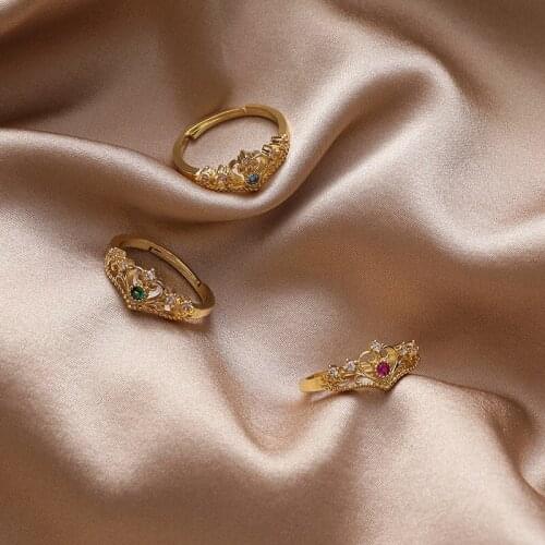 Vintage Green Blue Red CZ Zircon Crown Charming Rings for Women Ladies Gold Color Copper Adjustable Ring Wedding Jewelry Gifts