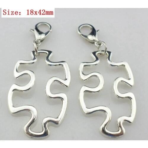 10pcs Hollow Jigsaw Puzzle Piece Lobster Clasp Dangle Charms Pendants Connectors Antiqued Silver Jewelry Findings