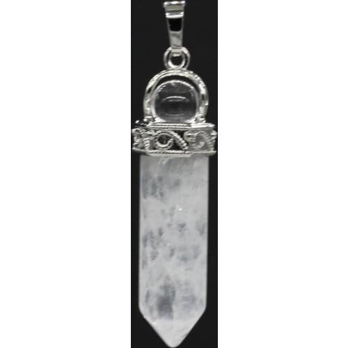 100-Unique Silver Plated Hexagonal Column With Round Bead Pendant Natural Rock Crystal Jewelry