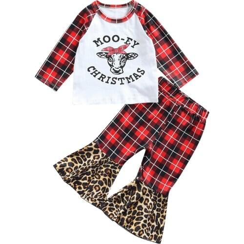 2021 0-5Y Christmas Kids Girls Clothing Cow Head Printing Round Collar Long Sleeve Plaid Tops+Leopard Print Bell-bottomed Pants