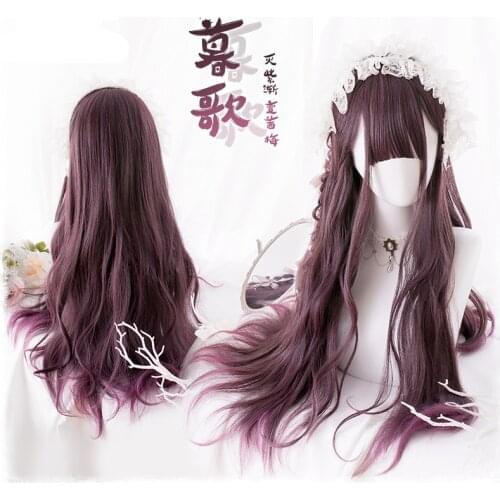 68cm Daily Gothic Harajuku Kawaii Cute Purple Gradient Lolita Curly Long Synthetic Hair Cosplay Costume Wig + Wig Cap