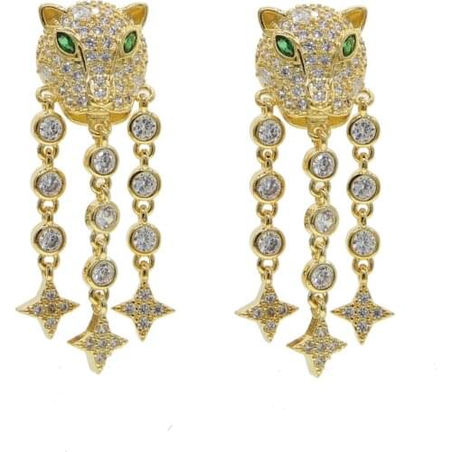 Sparking bling white round cz stone cute animal design Leopard earrings with tassel spike women elegance floating charm jewelry