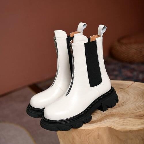 Black White Real Leather Platform Ankle Boots for Women Thick Bottom Autumn Winter Chelsea Boots Fashion Ladies Shoes