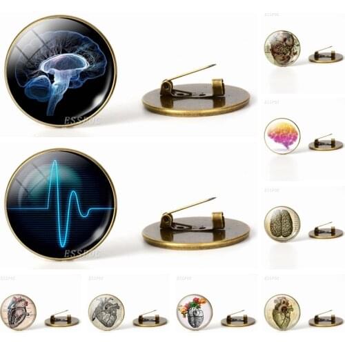 Heartbeat Sign Brooches Glass Cabochon Dome Jewelry Anatomical Heart Bronze Brooch Pins Bag Women Men Doctors Halloween Gift