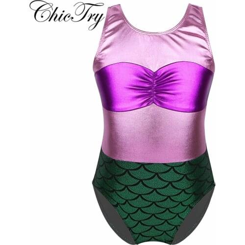 Kids Girls Ballet Dance Dress Sleeveless Metallic Ruched Chest Mermaid Scales Printed Ballet Dance Gymnastics Leotard Jumpsuit