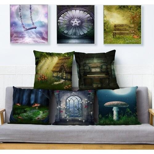Gothic Style Magic Scenic Mushroom Print Cushion Cover Beige Linen Pillowcase 45*45 Throw Pillows Covers Home Decor Pillow Case